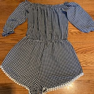Off The Shoulder Navy Blue Checkered Romper